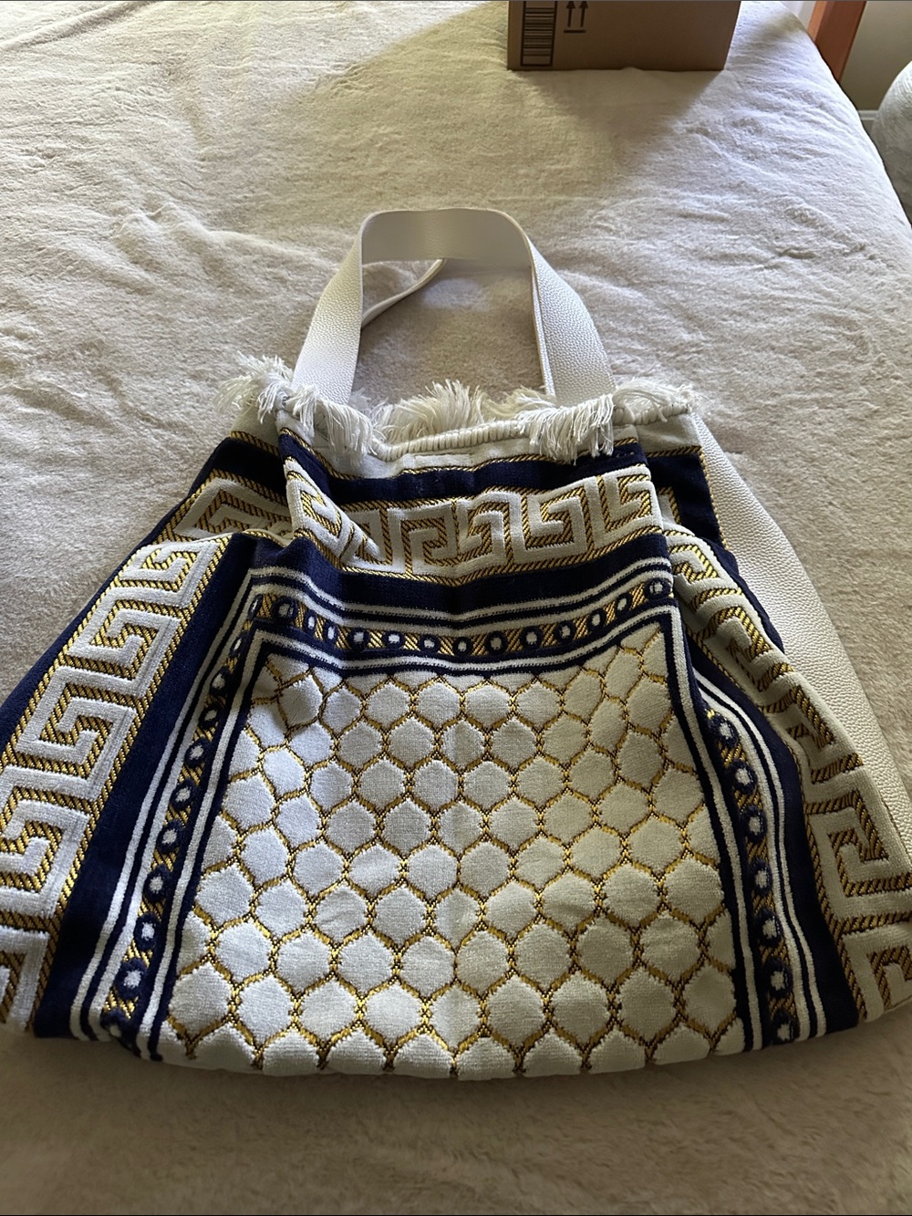 White and Navy Patterned Tote Bag with Gold Accents